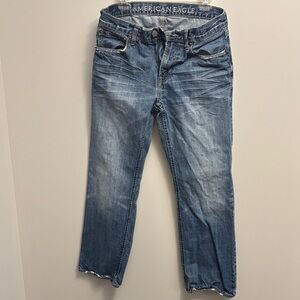 American Eagle Outfitters Blue Straight Leg Jeans with Distressed Details